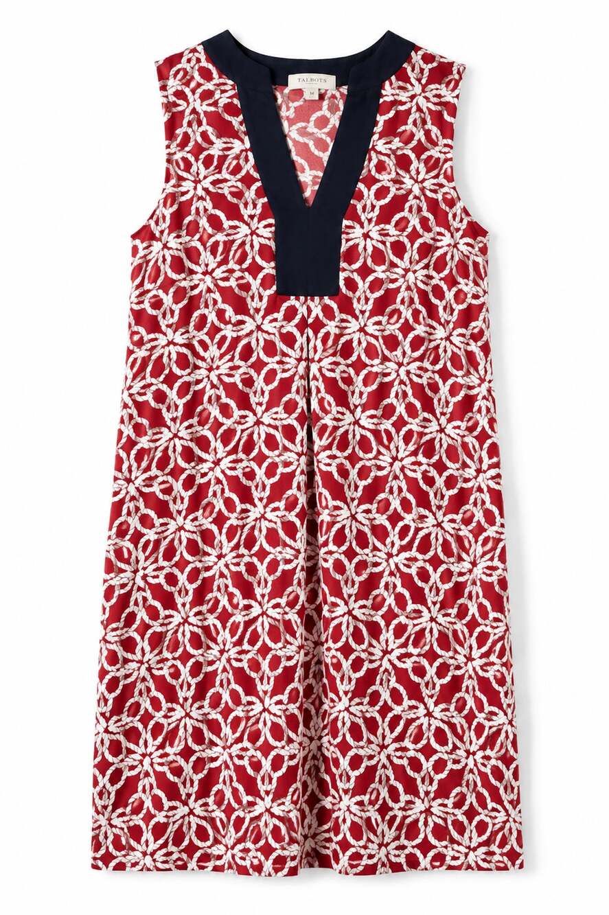 Talbots Nautical Print Sleeveless Shift Dress Red Navy Stretch Medium